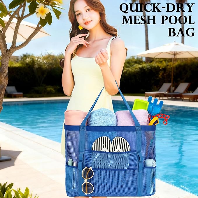 Fammart Mesh Beach Bag, Large Beach Tote with Zipper Pocket, Toys Pool Bag for Family Travel Vacation Cruise Essentials