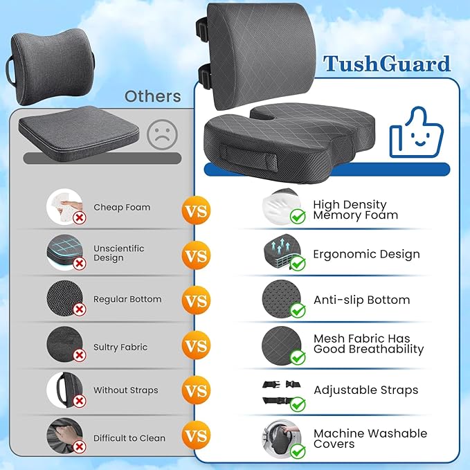 TushGuard Back&Seat Cushion, Car Seat Office Chair Cushions, Memory Foam Lumbar Back Support Pillow, Portable Airplane Seat Cushion for Travel, Computer Desk, Wheelchair, Driving (Grey, X-Large)