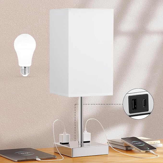 17.4" White Touch Table Lamp for Bedroom - Dimmable, USB C+A, 2 AC Outlets | 3-Way Dimming, 3000K Bulb Included, Square White Lampshade and Silver Base, Desk Lamp for Nightstand, Living Room, Dorm