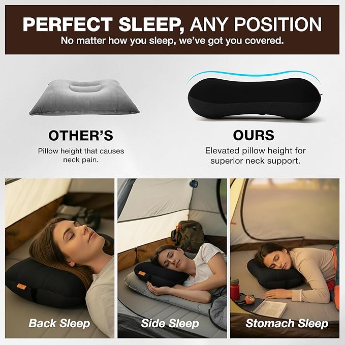 Inflatable Camping Pillow - Ultralight Compact Air Pillow for Travel, Backpacking & Hiking - Ergonomic Neck & Lumbar Support - Portable Inflatable Pillow with Removable Washable Cover - (Black)