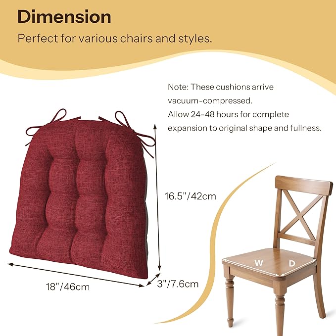 Chair Cushions for Dining Chairs Set of 2 Durable D-Shaped Seat Cushions with Non-Slip Backing Secure Ties Thick Cozy Seat Pad for Kitchen Dining Room Office(18x16.5x3in Burgundy)