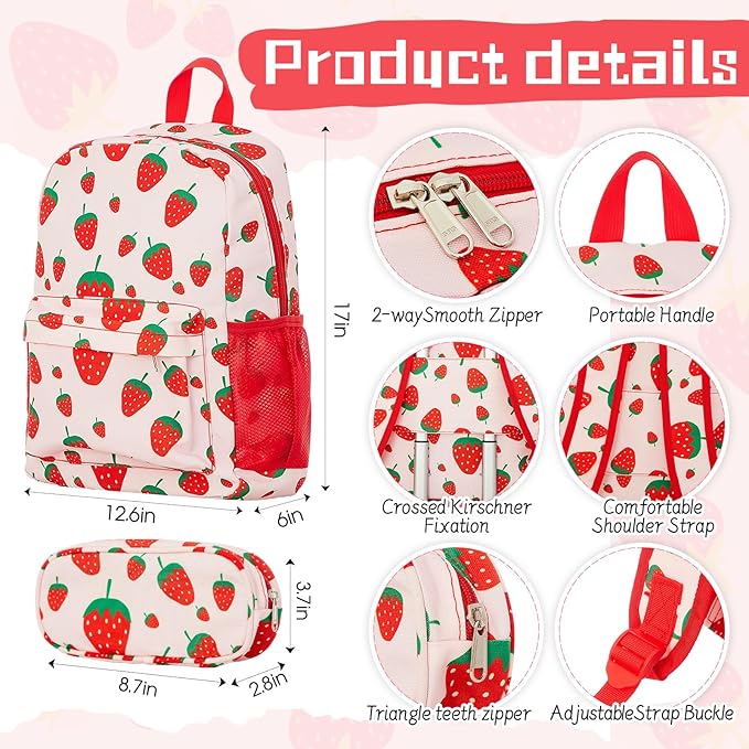 Redbaker 17 Inch 6 Pcs Kids Luggage Set Kids Rolling Luggage Double Pattern Suitcase for Boys Girls (Blush Pink, Strawberry Style)