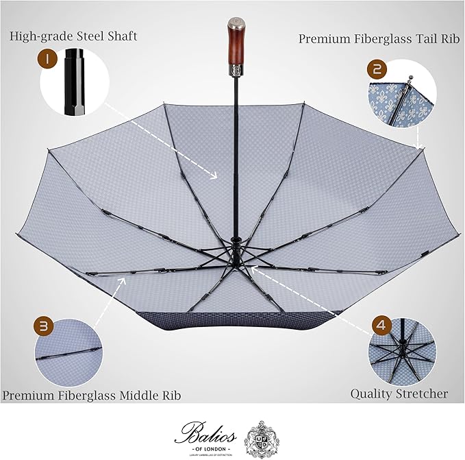Balios (Designed in UK) Travel Umbrella Luxurious Golden Hardwood Handle Auto Open & Close Windproof Frame Single Canopy Automatic Folding Umbrella Men's & Ladies