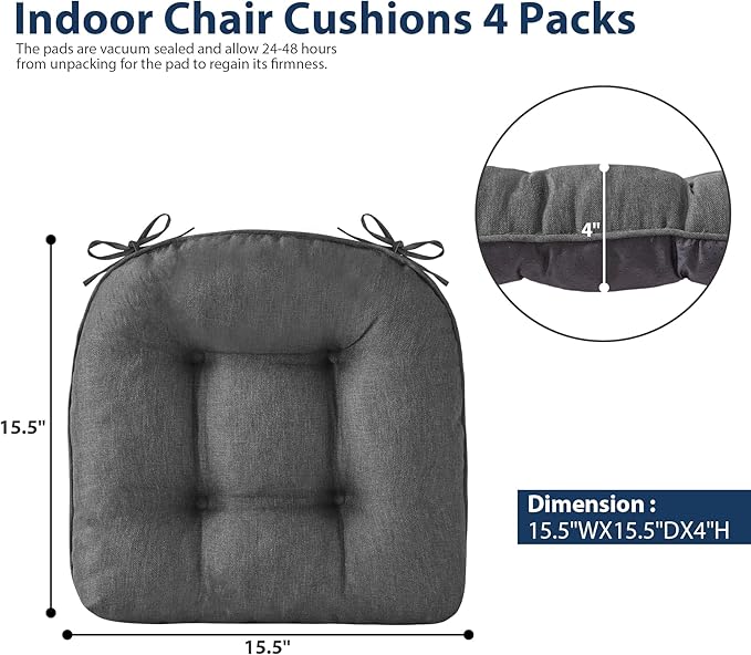 Chair Cushions for Dining Chairs, Seat Cushions for Kitchen Chairs, Indoor Seat Cushions with Ties, Tufted Foam Chair Pads, Non Slip Chair Cushions Set of 6, 15.5" x 15.5" x 4", Dark Grey