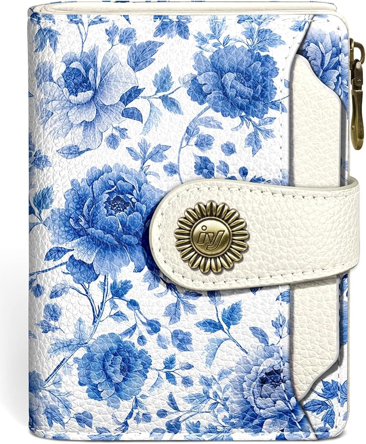 Icycay Floral Flowers Small Wallet Women RFID Blocking Bifold, Credit Card Holder, Zipper Coin Pocket, PU Leather, Compact, Travel, 4 ID Window, 14 Card Slots, Cash Purse, Ladies Woman Female Girls