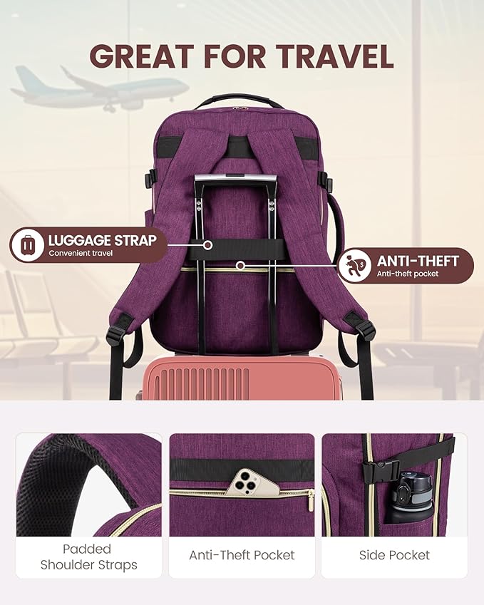 LOVEVOOK Travel Backpack for Women & Men 40L,Airline Approved Carry On Backpack Travel Essentials,TSA Carry on Luggage,Waterproof Personal Item Travel Bag,Suitcase with Packing Cubes,Dark purple-Black