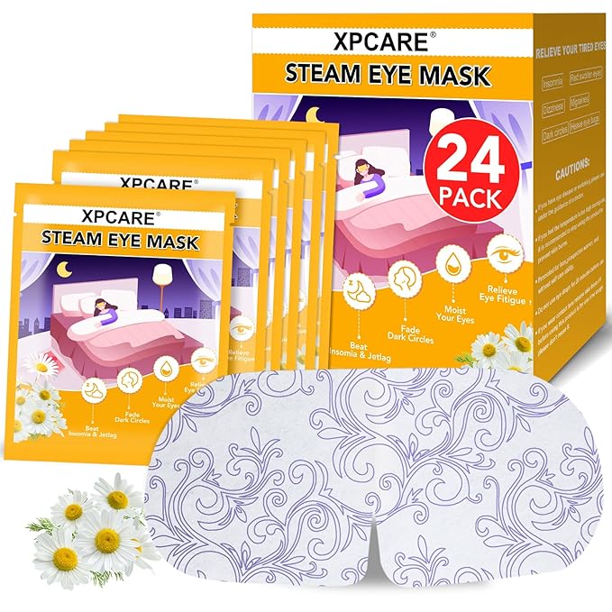 XPCARE 24 Pack Steam Eye Masks for Dry Eyes, Self Heated Steam Warm Eye Mask, Disposable Heated Eye Mask for Dark Circles, Puffy Eyes, Relief Stress Eye Fatigue（Chamomile）