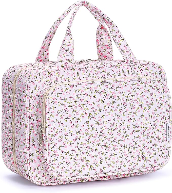Narwey Travel Toiletry Bag for Women Large Hanging Makeup Bag Organizer Toiletries Bag for Full Size Essentials Accessories Cosmetics (Pink Flower (Large))