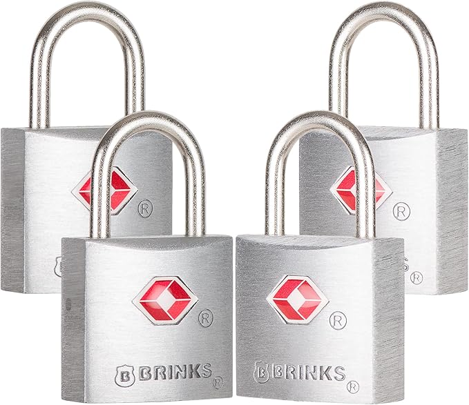 BRINKS TSA Approved Padlock, 22mm Aluminum, TSA Locks for Luggage, Chrome-Plated with Hardened Steel Shackle, 4-Pack