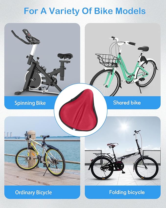 Bike Seat Cushion, Gel Bike Seat Cover, Bicycle Seat Cushion Covers for Women Men Comfort Compatible, Suitable for Outdoor and Indoor (11x10 inch)-Red