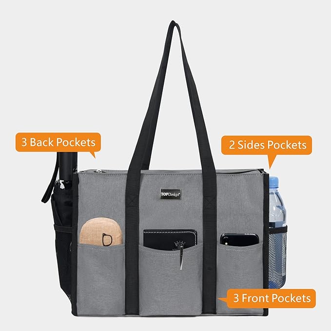 TOPDesign Utility Water Resistant Tote Bag with 13 Pockets, Top Zipper Closure & Thick Bottom Support, for Working Women