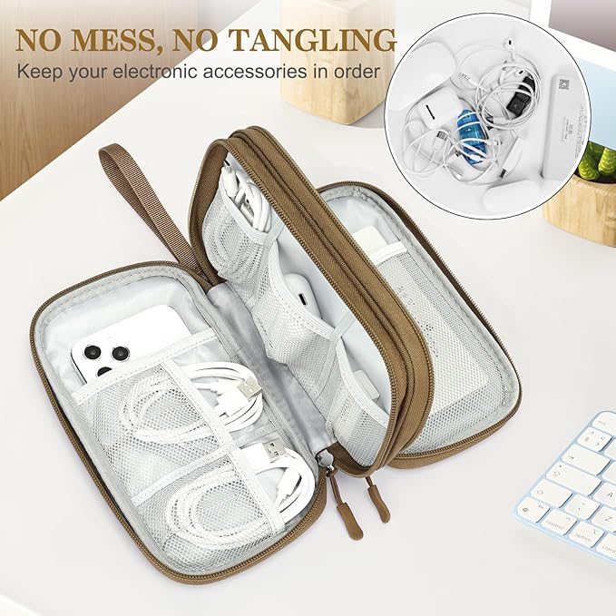 FYY Electronic Organizer, Travel Cable Organizer Bag Pouch Electronic Accessories Carry Case Portable Waterproof Double Layers Storage Bag for Cable, Charger, Phone, Earphone, Medium Size, Brown
