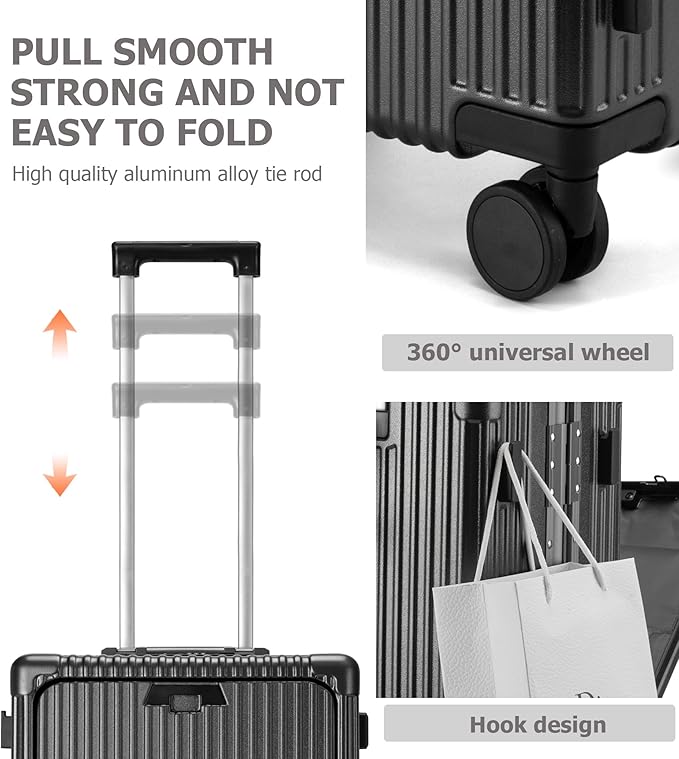 feilario Aluminium Frame PC Hard Shell Spinner Wheels Luggage,22.5"X15"X9.5" Airline Approved Built-In TSA lock Carry on Suitcase, with Cup Holder, USB Port, Phone Holder