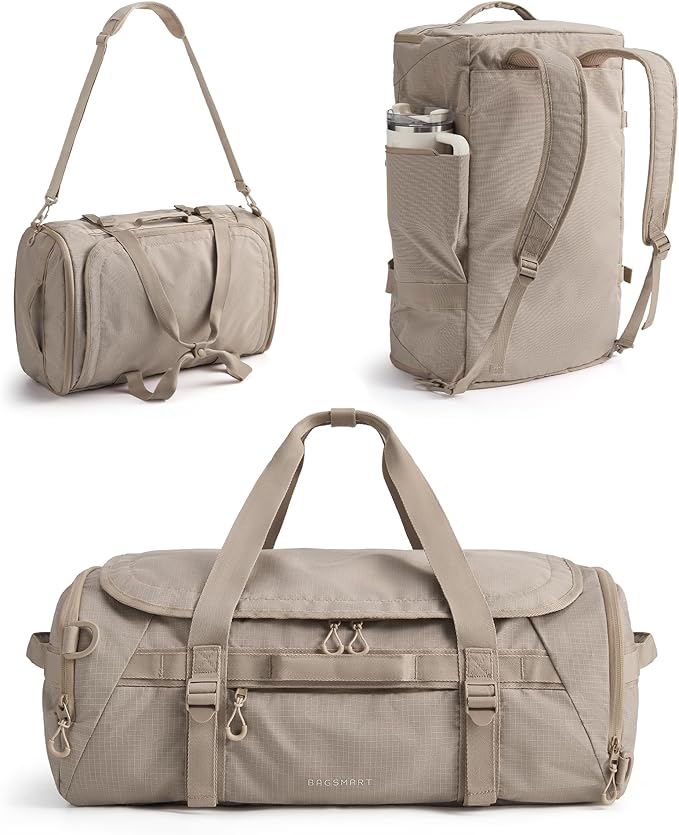 BAGSMART 4-IN-1 Duffle Bag for Travel, 40L Travel Bag Gym Duffle, TSA Carry on Backpack with Shoes Compartment & Wet Pocket, Water-resistant Workout Duffel, Camel
