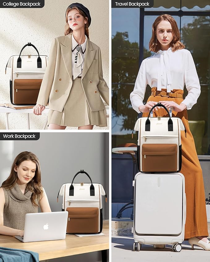 LOVEVOOK Laptop Backpack for Women 15.6 Inch, Travel Backpack with USB Charging Port Large Capacity Laptop Bag, Waterproof Bag for Business College Airline Approved Work Backpack(Brown White)