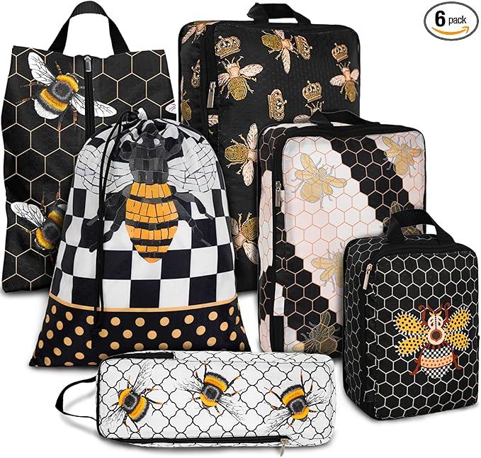 6 Pcs Compression Packing Cubes Waterproof Suitcase Travel Bag Luggage Backpack Organizer Travel Cubes for Packing-Black and Gold Bees