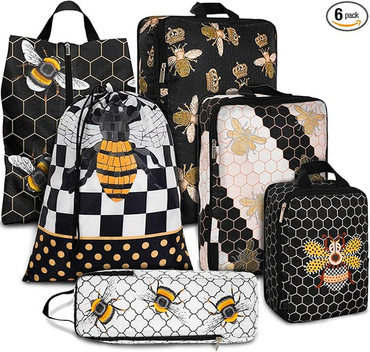 6 Pcs Compression Packing Cubes Waterproof Suitcase Travel Bag Luggage Backpack Organizer Travel Cubes for Packing-Black and Gold Bees