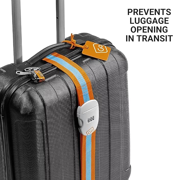 Combi Luggage Strap, Fully Adjustable Luggage Straps for Suitcases and Bags, Secure 3-Dial Combination Lock with Sturdy Buckle, Travel Essentials, Blue/Orange