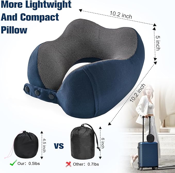 Neck Pillow for Traveling, Travel Pillows for Airplanes,100% Pure Memory Foam Travel Neck Pillow, Adjustable Flight Pillow, Portable Plane Accessories with Eye Mask, Earplugs, Carry Bag