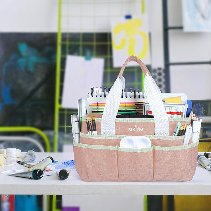 JJRING Craft Organizer Tote Bag, Art Storage Caddy with Multiple Pockets, Beige Sewing Bag for Art, Craft, Scrapbooking, School, Medical, and Office Supplies Storage