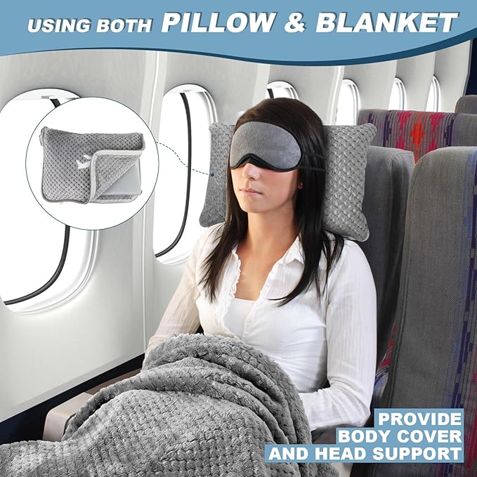 Travel Blanket Airplane Compact with Bag, Travel Essentials 3 in 1 Packable Airplane Blanket, Travel Pillow and Blanket Set, Inflatable Pillow, Luggage Sleeve & Backpack Clip (Light Grey)
