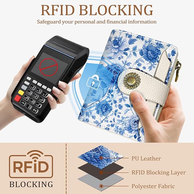 Icycay Floral Flowers Small Wallet Women RFID Blocking Bifold, Credit Card Holder, Zipper Coin Pocket, PU Leather, Compact, Travel, 4 ID Window, 14 Card Slots, Cash Purse, Ladies Woman Female Girls