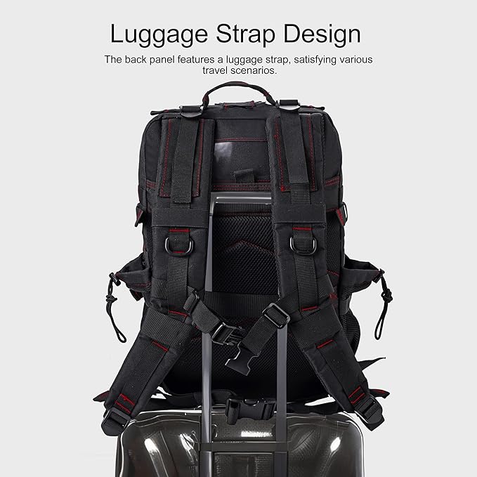LHI Military Tactical Backpack for Men and Women 45L Army 3 Days Assault Pack Bag Large Rucksack with Shoe Compartment - Black red line