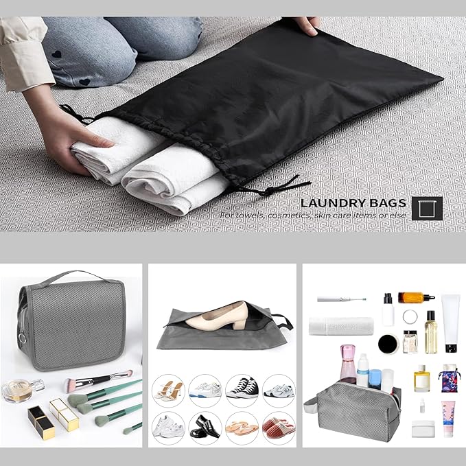 9-Set Packing Cubes with Hanging Bag | 9-Size Combination, Mesh Fabric & Reflective Stripe | Travel Luggage Organizers (Grey)