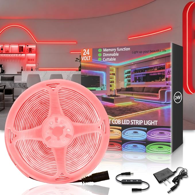 Red COB 50Ft LED Strip Lights 24V Dimmable High CRI95+ Ultra Bright Flexible LED Tape Lights LED Lights Strip Rope Lights for Romantic Wedding Anniversary Home Bedroom Indoor Decorative Lighting
