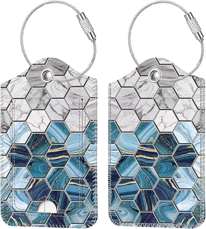 Fintie Luggage Tags, Privacy Cover ID Label with Stainless Steel Loop and Address Card for Travel Bag Suitcase, Agate Hexagons (2 Piece)