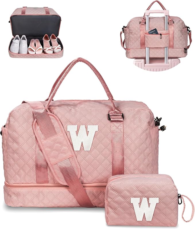 Gifts for Teenage Girls-Bachelorette Personalized Weekender Travel Bag with Monogram, Girls Duffle Bag with Shoulder Strap, Overnight Bag for Women-Sweet 16 Gifts for Girls (Letter W)
