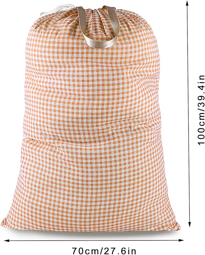 Extra Large Laundry Bag with Drawstring and Handle, Heavy Duty Travel Dirty Clothes Bag for Laundromat and Household, Durable Rip-Stop Laundry Hamper Liner, 28 x 40 Inch, Check Orange