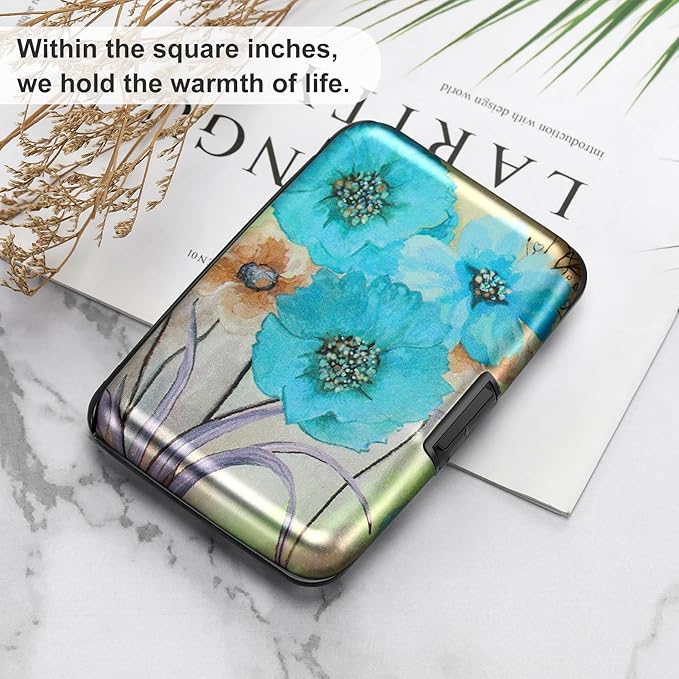 ELFISH Mini RFID Aluminum Wallet Credit Cards Holder Business Card Case Metal ID Case for Men Women(Blue Flower)