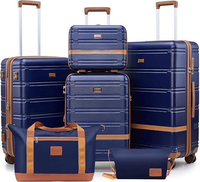 Luggage Sets with spinner wheels, PC+ABS Hard Shell Travel Luggage,Lightweight Carry-on suitcases with TSA Lock,YKK Zippers(Navy, 6 piece set(14/20/24/28/DB/TB))