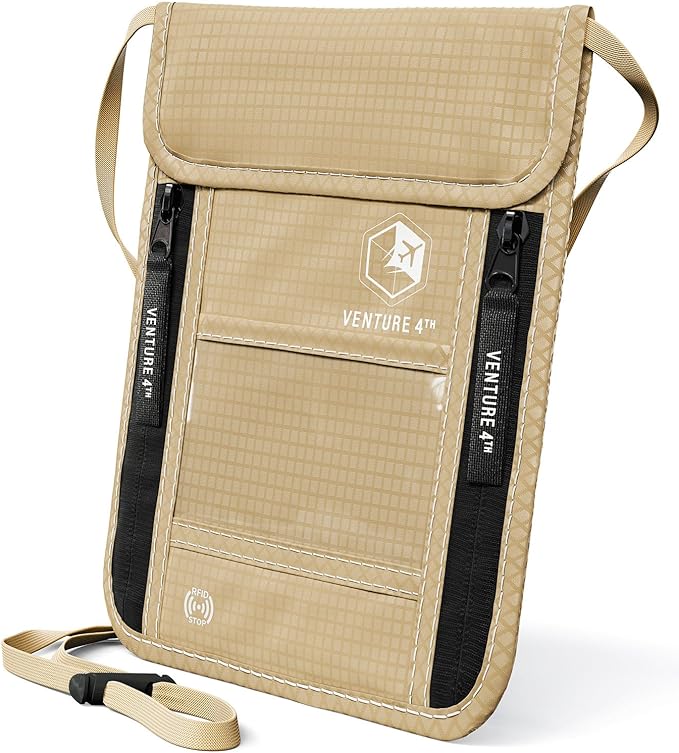 VENTURE 4TH Neck Wallet for Women & Men – RFID Blocking Passport Holder for Travel, Hidden Neck Pouch with 6 Compartments, Slim Lightweight Travel Organizer with Adjustable Strap (Beige)