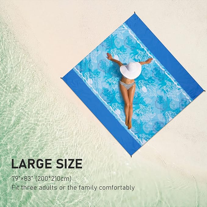 Beach Blanket Sandproof Extra Large Beach Mat Adults Waterproof Quick Drying Sand Free Mat Made by Premium Polyester with 4 Stakes & 4 Corner Pockets for Outdoor Travel Camping Hiking