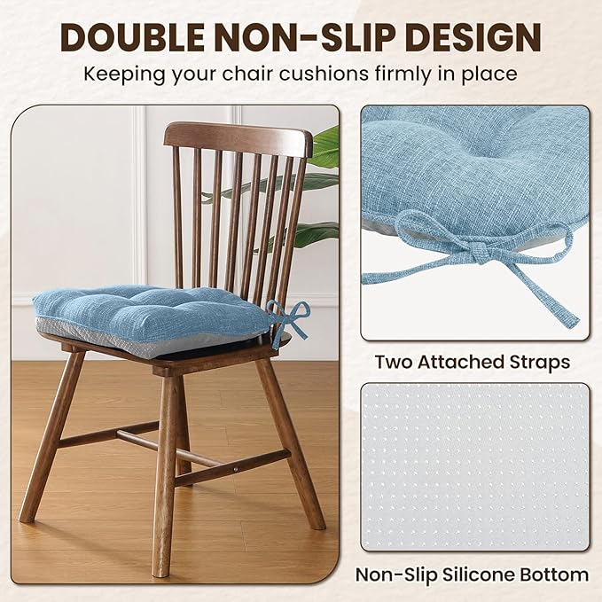 downluxe Indoor Chair Cushions for Dining Chairs, Tufted Overstuffed Textured Kitchen Chair Pads with Ties and Non-Slip Backing, 15.5" x 15.5" x 4", Light Blue, 4 Pack