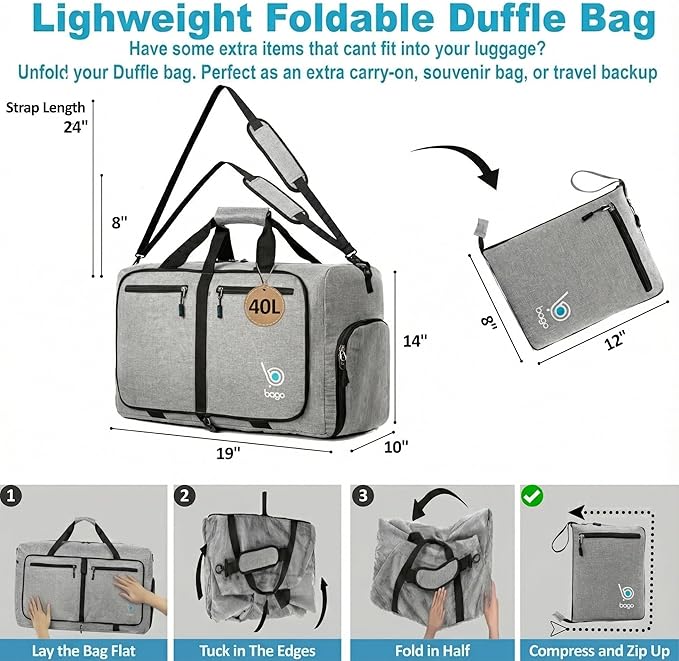 Bago Compact Duffle Bag for Travel Women & Men. Durable Lightweight Foldable Travel Duffel Bags For Traveling Women. 40L Duffle Bags a Reliable Weekender duffel or Overnight Bag With Shoe Compartment