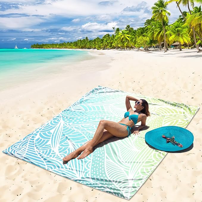 HIHOHO Beach Blanket Waterproof Sandproof Beach Mat for 1-8 Adults Quick Drying Durable Outdoor Picnic Mat for Beach Festival Travel Camping Hiking (Gradiant BL&GN-Ripple, 79"×83"(4 Person))