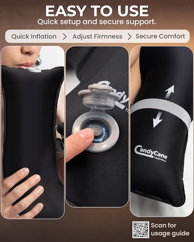 CANDY CANE Inflatable Neck Pillow for Airplane Travel with JShaped Design and 360° Support - Window Leaning Head & Chin Rest for Long Flights - Compact Blow Up for Air Travel