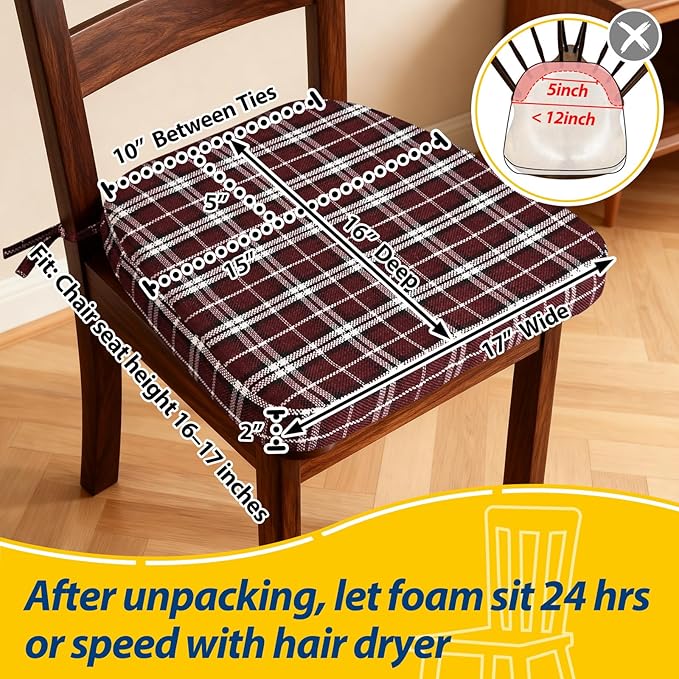 AAAAAcessories D-Shaped Chair Cushions, 2" Thick Dining Chair Pads with Ties and Removable, Machine-Washable Cover, 17" x 16", Set of 8, Red Checkered