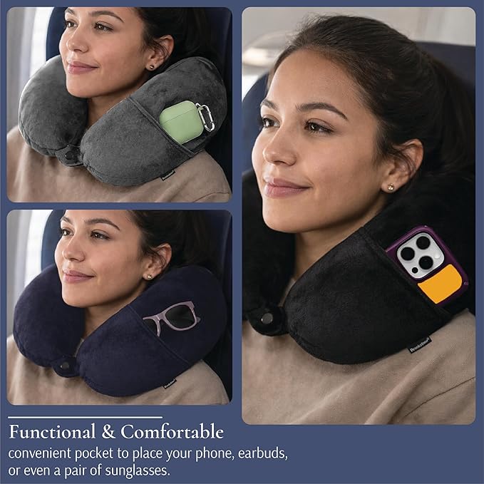 Brookstone Microbead Travel Head and Neck Pillow Lightweight and Plush with Phone or Headphone Pocket, Dark Grey