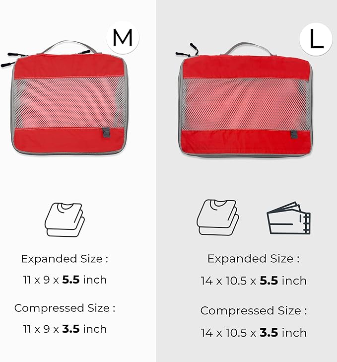 Lewis N. Clark ElectroLight Expandable Compression-Packing Cube + Travel Organizer for Luggage, Suitcase or Carry On with Smart Design Grab Handle & Breathable Mesh, 2-Pack (1 Med, 1 Large), Red