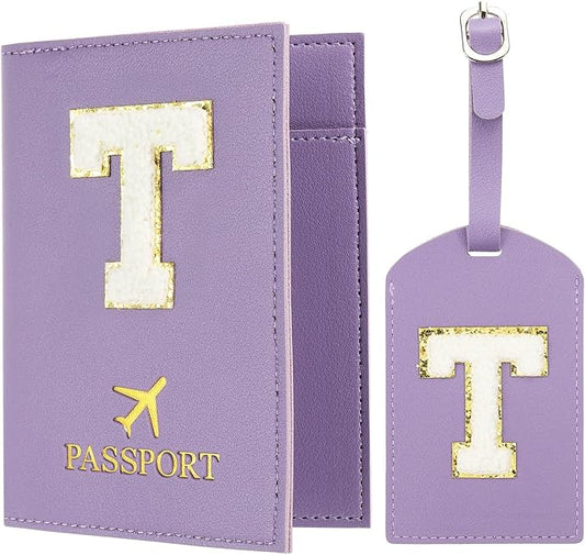 PATIKIL Passport Holder for Travel, Initial Passport Cover and Luggage Tag Set with Alphabet Chenille Letter Patch Travel Wallet Bag Suitcase Identifier for Women Family Travel Purple T
