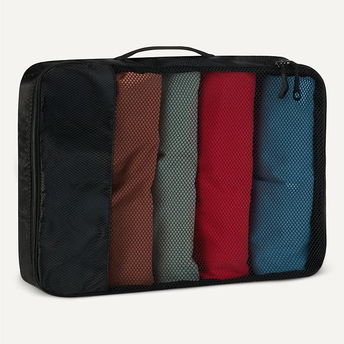 Amazon Essentials 4-Piece Packing Cubes Travel Accessories Set, Luggage Organizer with Double Zipper, Mesh Top, Space-Saving Design, Webbing Handle, 2 Medium/2 Large, Black (Previously Amazon Basics)