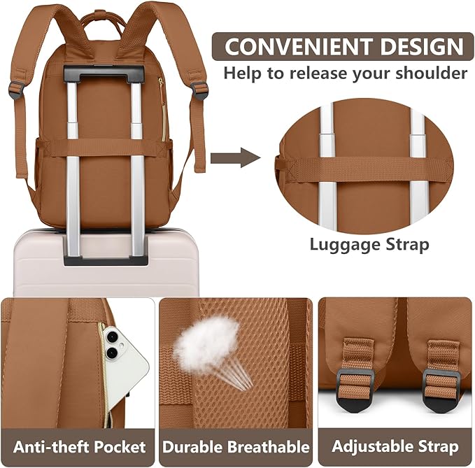 Laptop Backpack for Women Work Bookbag: 15.6 Inch College Backpacks with USB Charger School Book Bag Waterproof Travel Computer Back Pack Anti-Theft Casual Bookbags for Girls Teacher Nurse Beige Brown