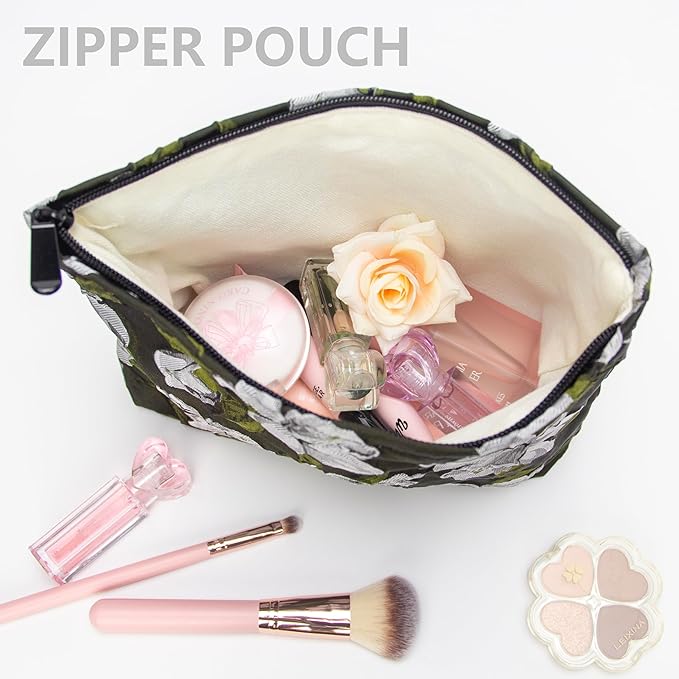 PAZIMIIK Makeup Bag Large Cotton Zipper Pouch for Purse Travel Canvas Make Up Organizer for Women Cosmetic,Brocade Floral Black
