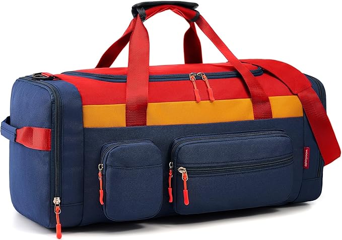 WOOMADA Kids Duffle Bag for Boys or Girls,Weekender Overnight Bag with Shoe Compartment & Wet Pocket Perfect For School, Sports, Overnight Trips(Red Blue)