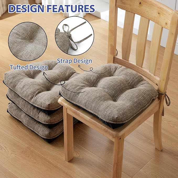 Chair Cushions for Dining Chairs Set of 4, Kitchen Chair Cushions, Chair Pads with Ties and Non Slip Backing, Tufted Memory Foam Seat Cushion 4 Pack, 15.5" x 15.5" x 4", Khaki
