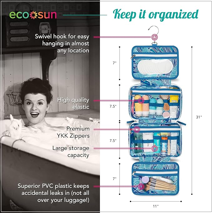 Eco Sun Hanging Travel Toiletry Bag — Designed in Hawaii — Water-resistant Travel Organizer for Bathroom Accessories (Teal Tropic)